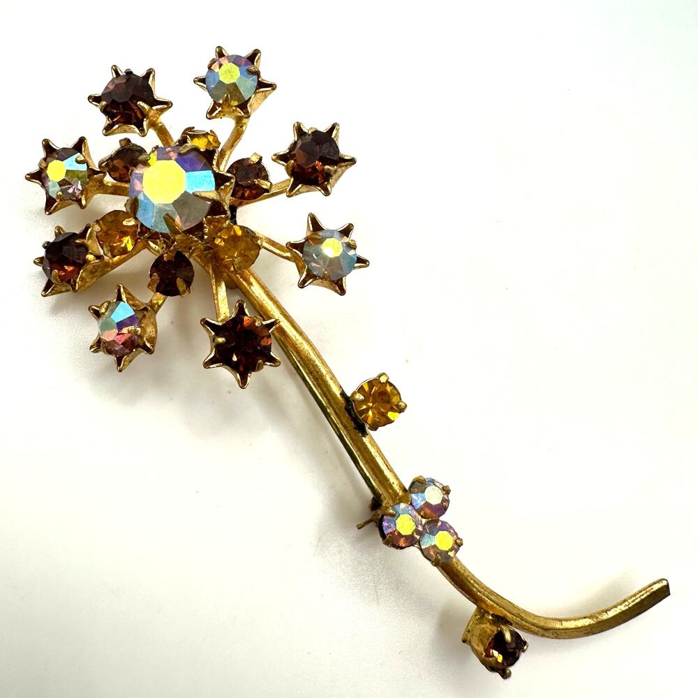 Austria vintage gold tone amber brown topaz glass AB rhinestones flower brooch